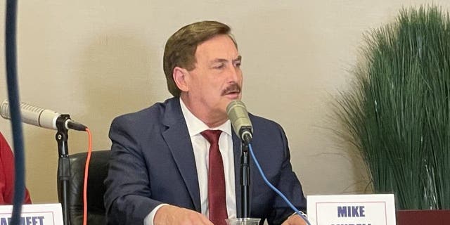 Mike Lindell speaks at an RNC chair debate in Dana Point, California, on Wednesday.