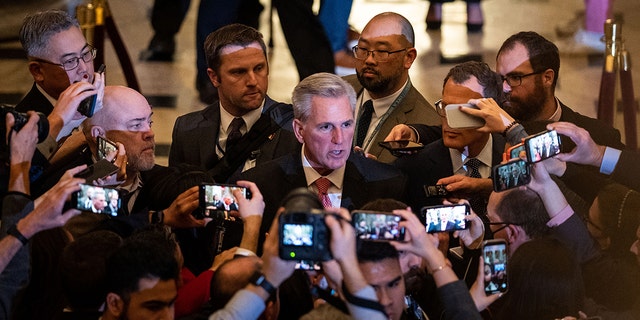Rep.-elect Kevin McCarthy, R-Calif., talks with reporters in National Statuary Hall of the U.S. Capitol Building in Washington, D.C., on Thursday.