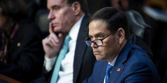 Senator Marco Rubio, a Republican from Florida and ranking member of the Senate Intelligence Committee, and Senator Mark Warner, a Democrat from Virginia and chairman of the Senate Intelligence Committee, during a hearing in Washington, D.C., U.S., on Thursday, March 10, 2022.