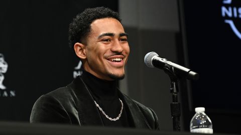 The Heisman Trophy winner, quarterback Bryce Young from Alabama, speaks at the 2021 Heisman Trophy finalist press conference at the Marriott Marquis Hotel on December 11, 2021 in New York City.