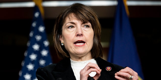 Rep. Cathy McMorris Rodgers, R-Wash., speaks during the House Republican Conference media session at the Capitol on Feb. 8, 2022.