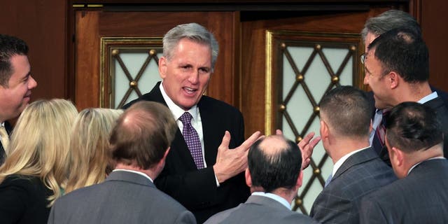 House Minority Leader Kevin McCarthy, R-Calif., is shown between votes for a new speaker on Wednesday.