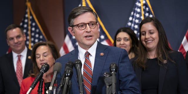 Rep. Mike Johnson, a Republican from Louisiana, who was voted to become Vice Conference Chair, speaks to reporters following the House Republican caucus leadership elections at the U.S. Capitol in Washington, D.C., Tuesday, Nov. 15, 2022.