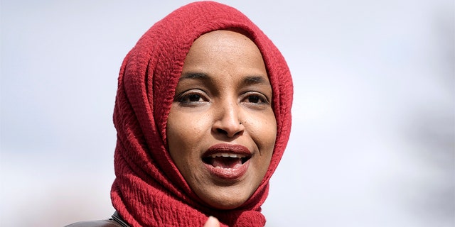 In this April 20, 2021, file photo Rep. Ilhan Omar, D-Minn., speaks in Brooklyn Center, Minn., during a news conference at the site of the fatal shooting of Daunte Wright by a police officer during a traffic stop.