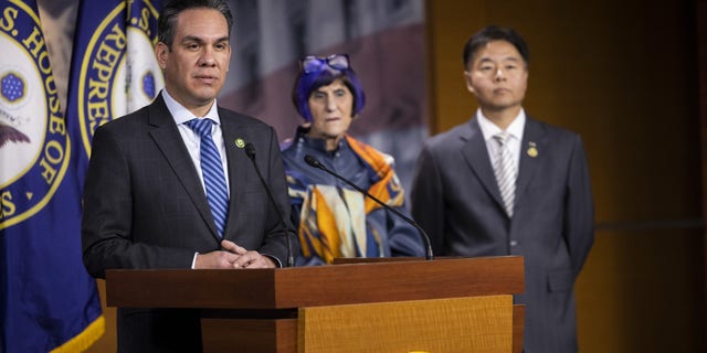 Chair of the House Democratic Caucus Pete Aguilar, D-Calif., speaks during a press conference following a caucus meeting in Washington D.C., Jan. 10, 2023.