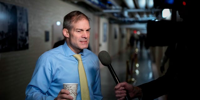 Chairman of the House Judiciary Committee Rep. Jim Jordan, R-Ohio, speaks to reporters on his way to a closed-door GOP caucus meeting at the U.S. Capitol Jan. 10, 2023, in Washington, D.C. 