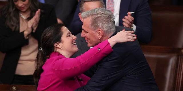 Rep. Elise Stefanik celebrates with House Republican Leader Kevin McCarthy after he is elected Speaker of the House in the House Chamber at the U.S. Capitol Building on January 07, 2023, in Washington, DC. 