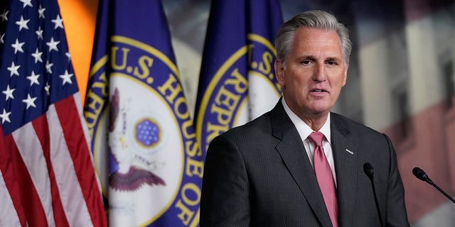 This file photo shows then-House Minority Leader Kevin McCarthy answers questions during a press conference at the U.S. Capitol on January 9, 2020. 