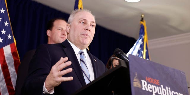 House Majority Leader Steve Scalise speaks at a press conference at the RNC headquarters on Capitol Hill on Jan. 25, 2023, in Washington, D.C. 