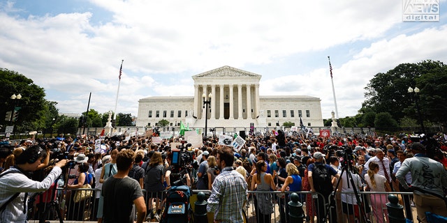 Hundreds of people gathered outside the Supreme Court awaiting the Dobbs ruling.