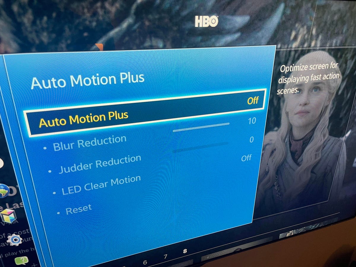 A Samsung TV's Auto Motion Plus menu, which controls smoothing aka Soap Opera Effect.
