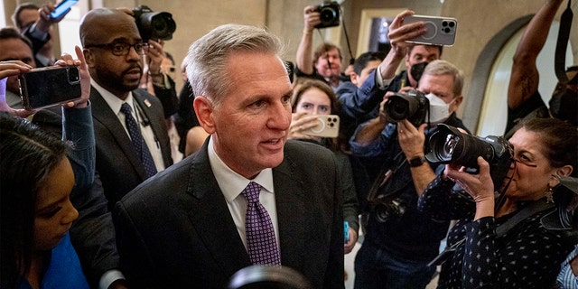 Rep. Kevin McCarthy, R-Calif., talks to reporters at the Capitol during his historic speaker battle.