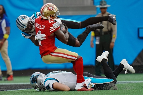 San Francisco 49ers cornerback Emmanuel Moseley scores a touchdown after having intercepted Carolina Panthers quarterback Baker Mayfield. The 49ers emphatically beat the Panthers 37-15. 