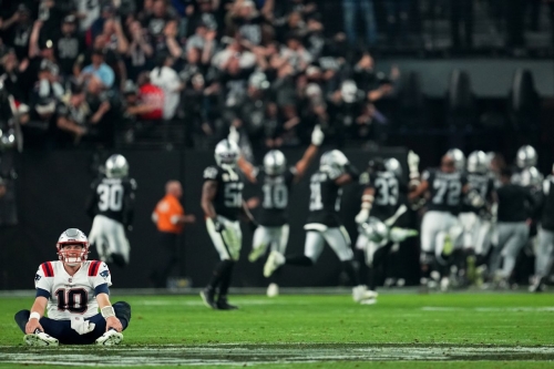 Mac Jones of the New England Patriots reacts after losing to the Las Vegas Raiders 30-24. A crazy ending to the game between the teams ended with the Patriots suffering a damaging defeat in their hopes to reach the playoffs. 