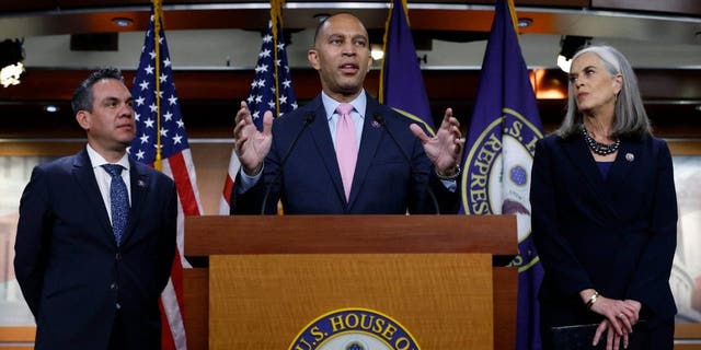 Rep. Hakeem Jeffries, D-N.Y., center talks to reporters with Rep. Pete Aguilar D-Calif., and Rep. Katherine Clark, D-Mass., after they were elected to House Democratic leadership for the 118th Congress at the U.S. Capitol Visitors Center Nov. 30, 2022, in Washington, D.C.