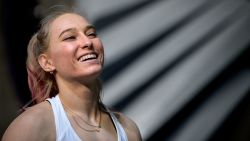 Slovenia's Janja Garnbret reacts during the women's semi-final in the season-opening Sport Climbing IFSC World Cup bouldering event in Meiringen, on April 17, 2021. (Photo by Fabrice COFFRINI / AFP) (Photo by FABRICE COFFRINI/AFP via Getty Images)