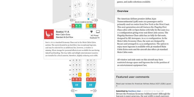 Example of an aircraft showing which seats are good or bad and a description of the type of seat you can choose from. 