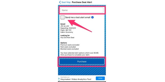 Display of the test alert email. The seat alert costs 99 cents.