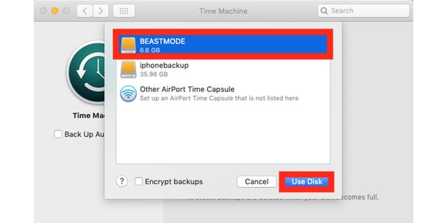Screenshot of instruction on which backup external hard drive to select.