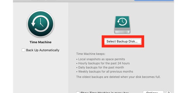 Screenshot on how to select backup disk.