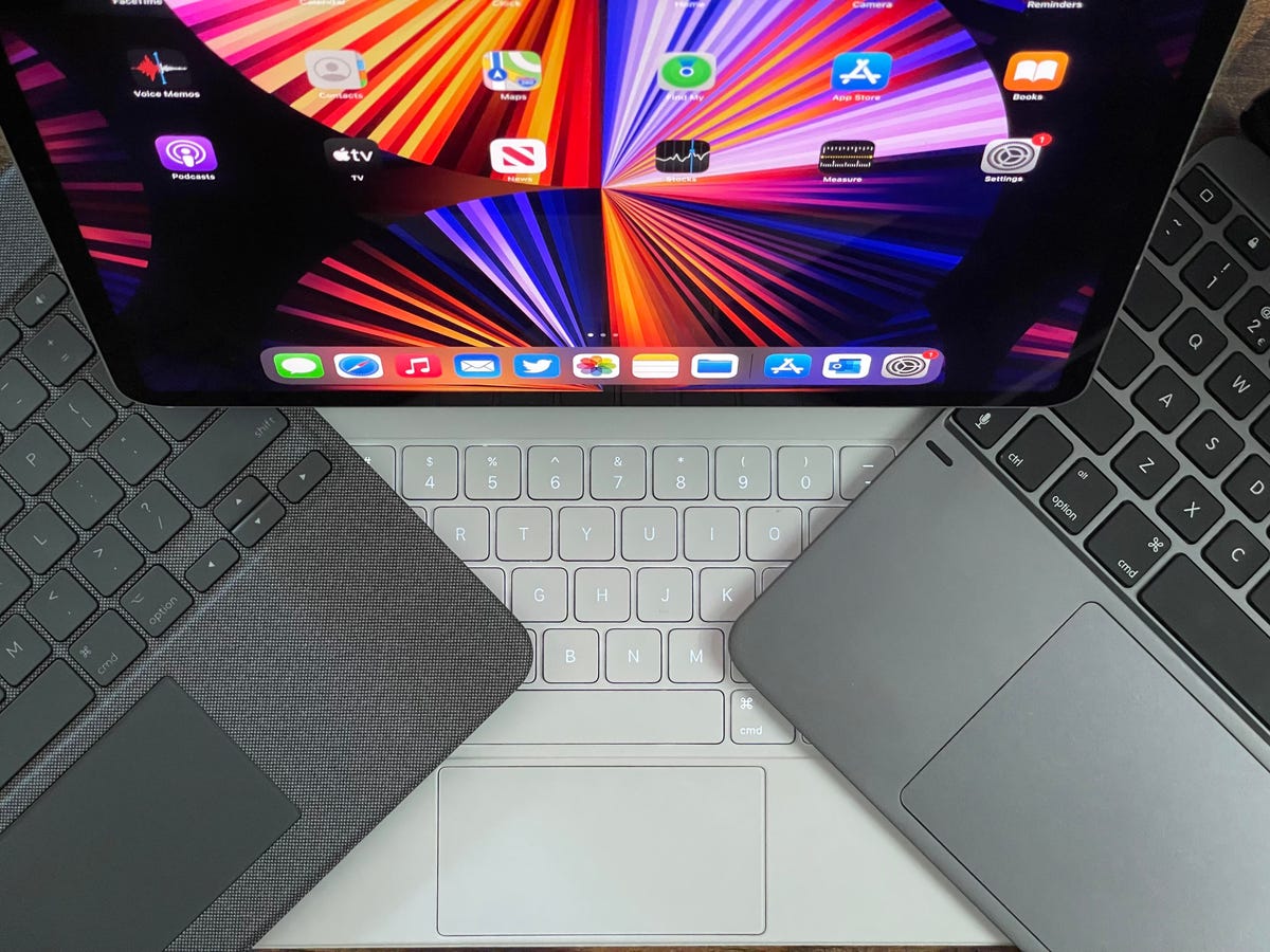 A top down view of multiple iPad keyboards.