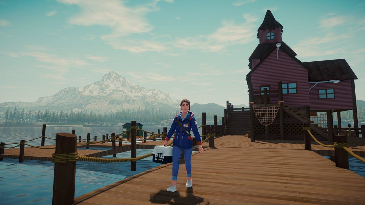 a character in the game Lake stands on a pier