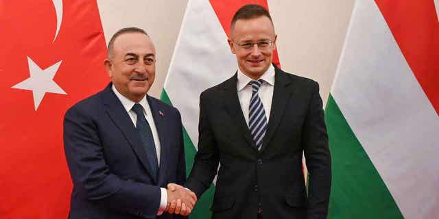 Hungarian Minister of Foreign Affairs and Trade Peter Szijjarto, right, shakes the hand of the Foreign Minister of Turkey Mevlut Cavusoglu in Budapest, Hungary, on Jan. 31, 2023. 