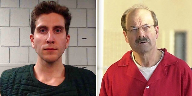 Left: Bryan Kohberger in an anti-suicide smock after his arrest in Pennsylvania Friday, Dec. 30, 2021. Right: Dennis L. Rader (L), the man known as the BTK serial killer, is escorted into the El Dorado Correctional Facility on Aug. 19, 2005 in El Dorado, Kansas.