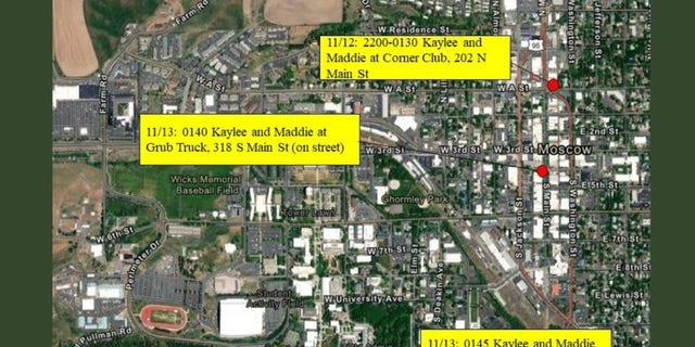 An aerial map released by the Moscow City Police Department on Nov. 18 shows the final movements of Ethan Chapin, Madison Mogen, Xana Kernodle and Kaylee Goncalves before they were killed in their home on Nov. 13.