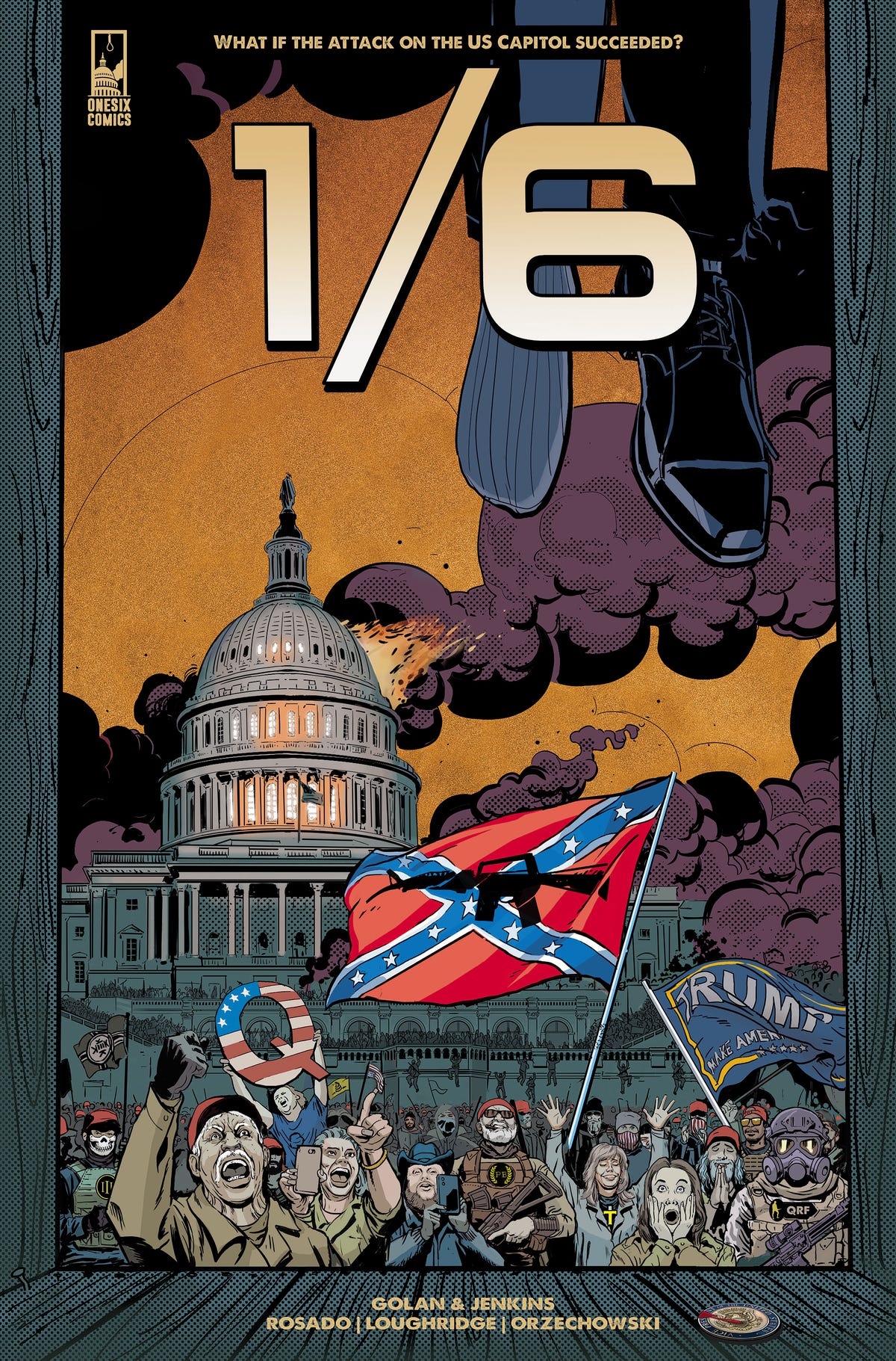 Cover of the graphic novel 1/6 show rioters at the US Capitol waving a Confederate flag
