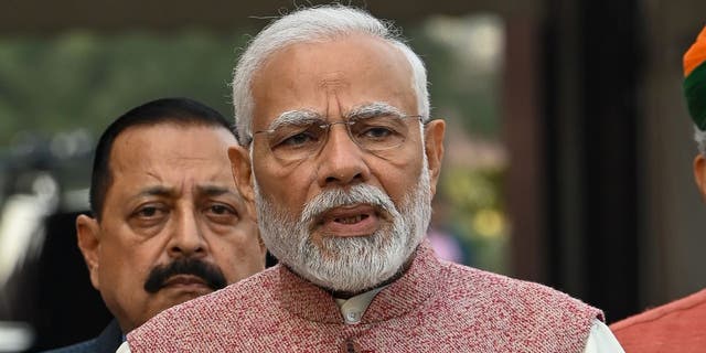 Narendra Modi, India's prime minister, addresses the media at the Parliament House in New Delhi, India.