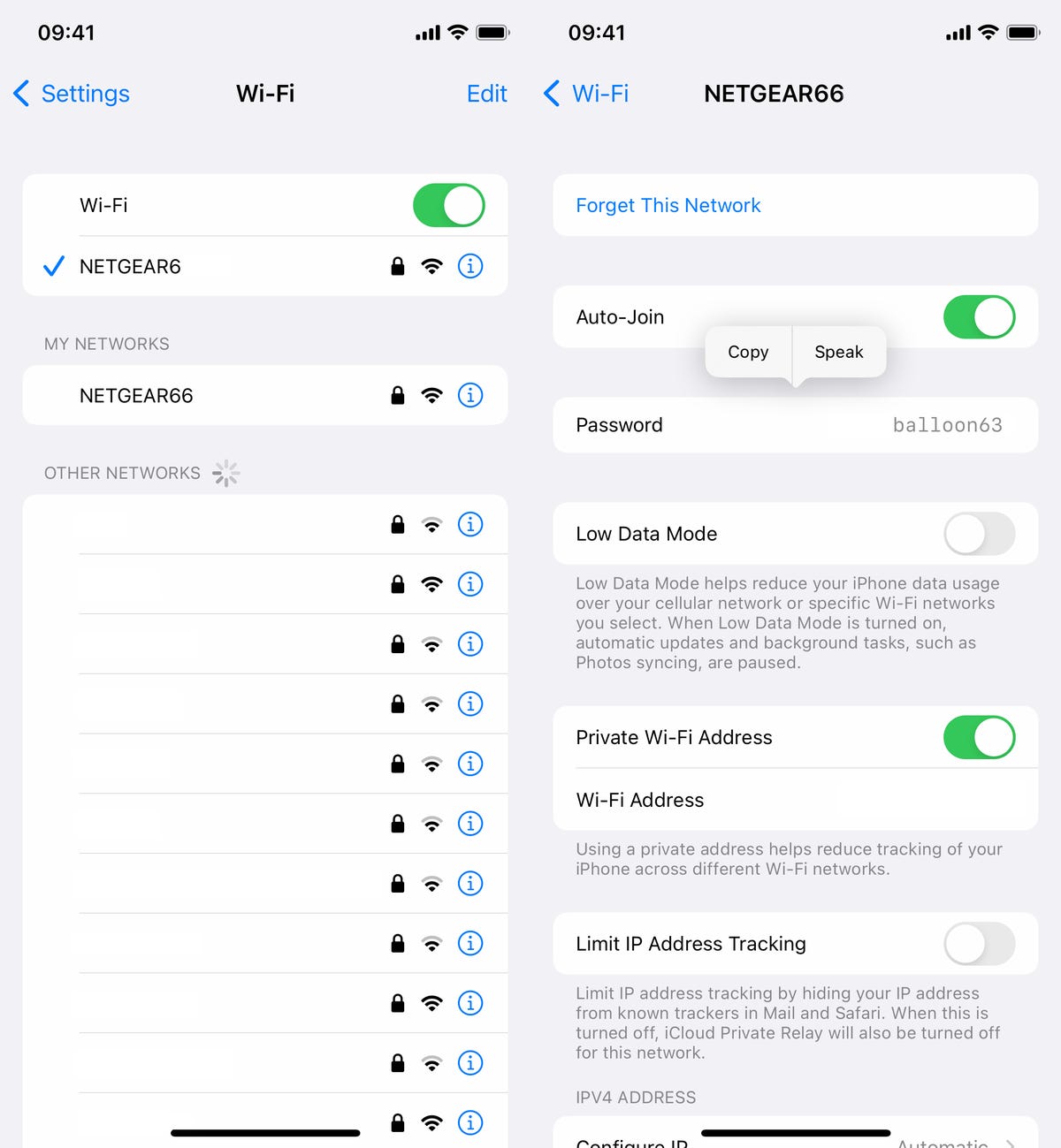 Wi-Fi network settings on iOS 16