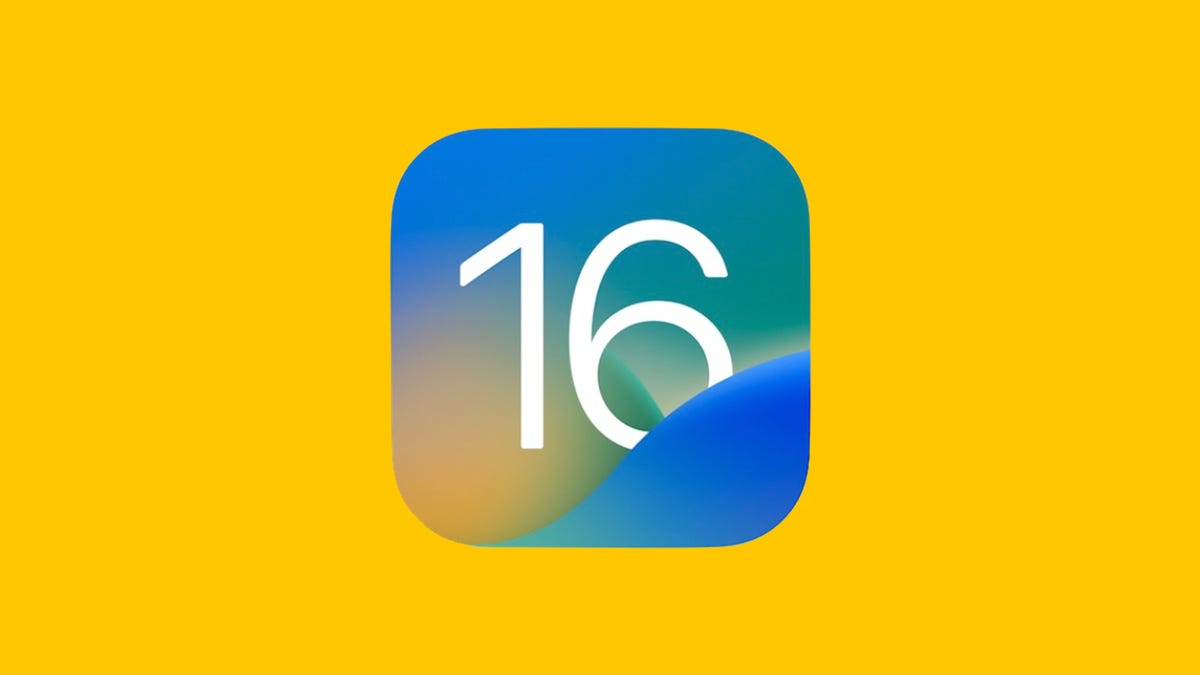 iOS 16 logo on a yellow background