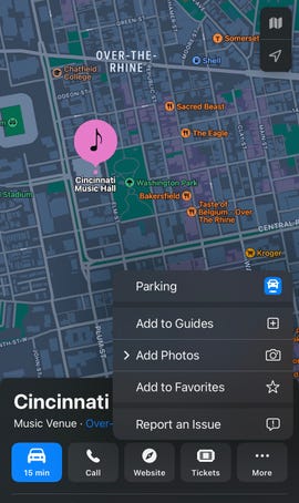 Parking options in Apple Maps near Cincinnati's Music Hall