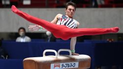 Paul Juda of the US competes on the pommel horse during the Friendship and Solidarity Competition gymnastics event in Tokyo on November 8, 2020, the first major international sporting event in the Japanese capital since the Tokyo 2020 Olympic Games was postponed due to the coronavirus pandemic. (Photo by CHARLY TRIBALLEAU / AFP) (Photo by CHARLY TRIBALLEAU/AFP via Getty Images)