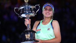 MELBOURNE, AUSTRALIA - FEBRUARY 01:  Sofia Kenin of the United States poses with the Daphne Akhurst Memorial Cup after her Women's Singles Final match against Garbine Muguruza of Spain on day thirteen of the 2020 Australian Open at Melbourne Park on February 01, 2020 in Melbourne, Australia. (Photo by Cameron Spencer/Getty Images)