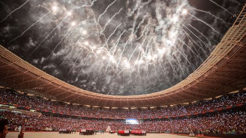 Fireworks light up the sky over the Basra International Stadium during the opening ceremony ahead of the 25th Arabian Gulf Cup's first match between Iraq and Oman in Basra, Iraq on January 06.