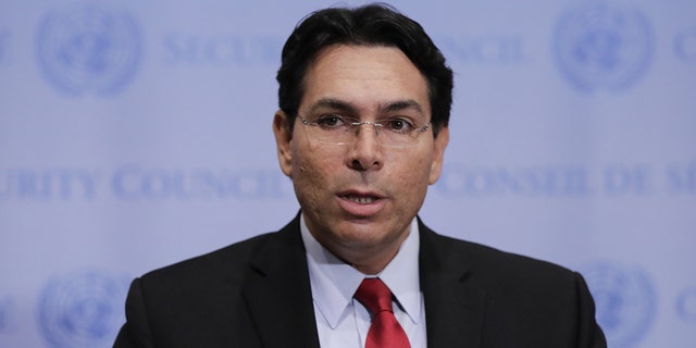Danny Danon speaks to journalists on the Downing of the Syrian Airplane at the UN Headquarters in New York City, New York, July 24, 2018. (Photo by EuropaNewswire/Gado/Getty Images)
