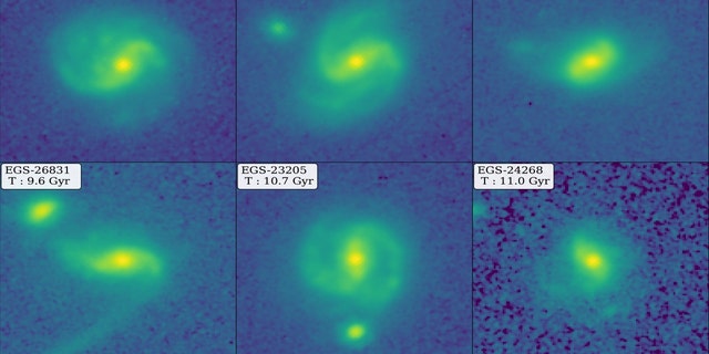 Montage of JWST images showing six example barred galaxies, two of which represent the highest lookback times quantitatively identified and characterized to date. The labels in the top left of each figure show the lookback time of each galaxy, ranging from 8.4 to 11 billion years ago (Gyr), when the universe was a mere 40% to 20% of its present age. 