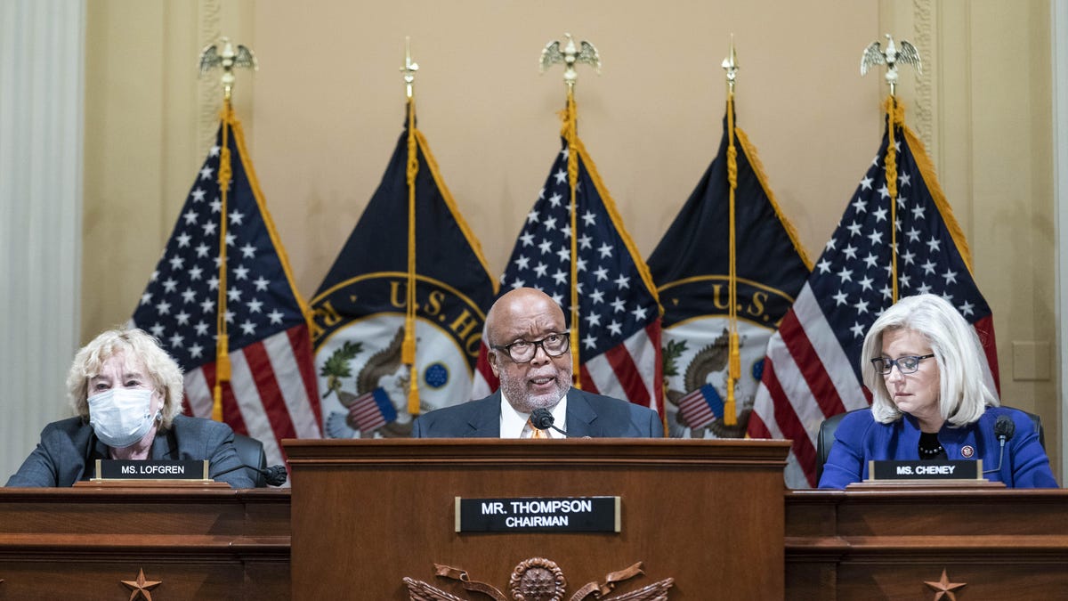 Representatives Bennie Thompson, Zoe Lofgren and Liz Cheney on the House committee dais