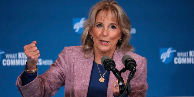 First Lady Jill Biden speaks during a visit to the American Federation of Teacher's Headquarters in Pittsburgh, in support of local candidates, Wednesday, Nov. 2, 2022. 