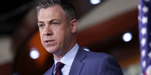 Rep. Jim Banks, R-Ind., speaks at a press conference following a Republican caucus meeting at the U.S. Capitol on June 8, 2022.