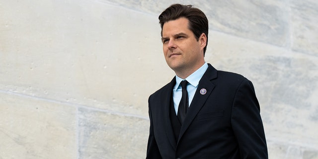 Rep. Matt Gaetz, R-Fla., walks down the House steps at the Capitol after the last votes of the week on Friday, April 1, 2022. 