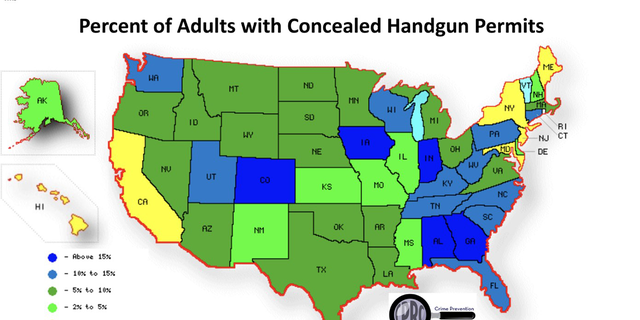 Map created by the Crime Prevention Research Center shows percentages of adults in each state with concealed handgun permits. 