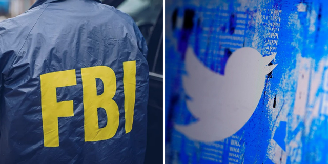 A split image of an FBI agent in an official windbreaker and the Twitter logo on a blue screen.