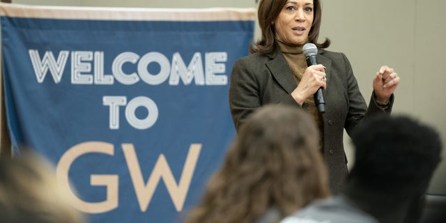 Vice President Kamala Harris speaks during a Martin Luther King Jr. Day service project at George Washington University in Washington, D.C., on Monday, Jan. 16, 2023.