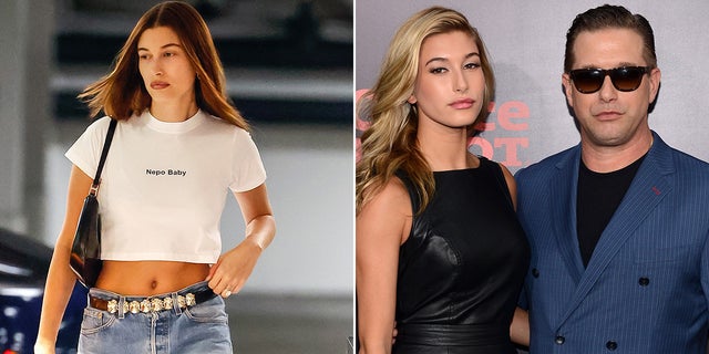 Hailey Bieber rocked a white T-shirt emblazoned with the wording "Nepo Baby" while out on Friday, Jan. 6, 2023.
