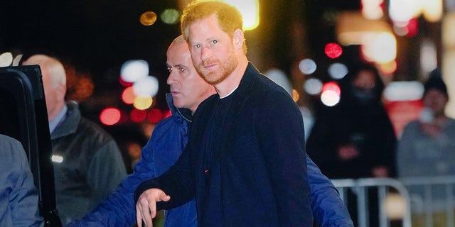 Prince Harry is seen leaving "The Late Show with Stephen Colbert" on Jan. 9, 2023, in New York City.