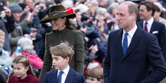 Prince William and Catherine, Princess of Wales with their children Prince George, Princess Charlotte and Prince Louis, attend the Christmas Day service at St Mary Magdalene Church on Dec. 25, 2022, in Sandringham, Norfolk.