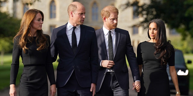 Catherine, Princess of Wales, Prince William, Prince Harry and Meghan Markle on the long Walk at Windsor Castle on Sept. 10, 2022, in Windsor, England.